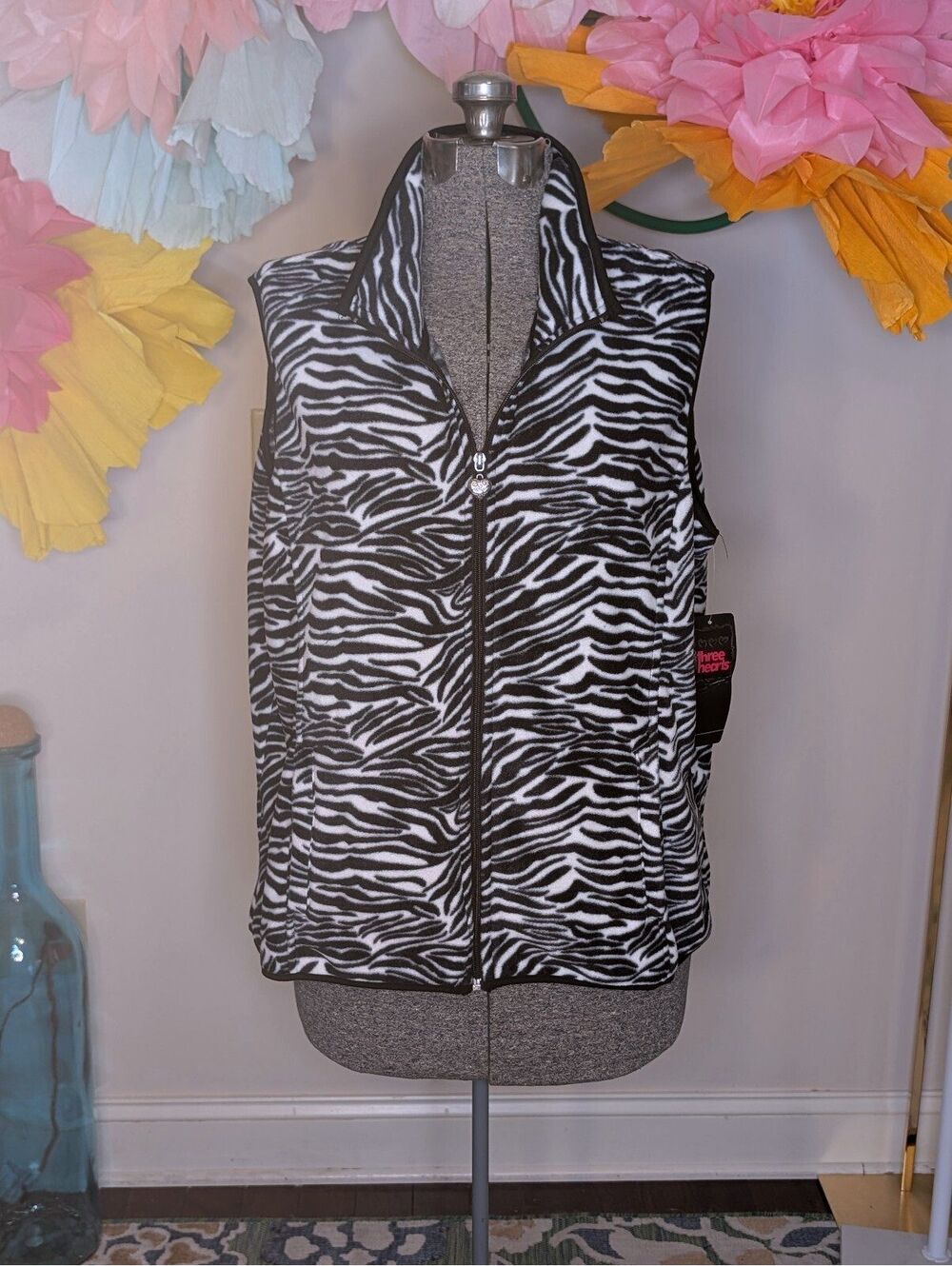 2025 - Three Hearts XL Zebra Print Fleece Vest with Heart Zipper Pull